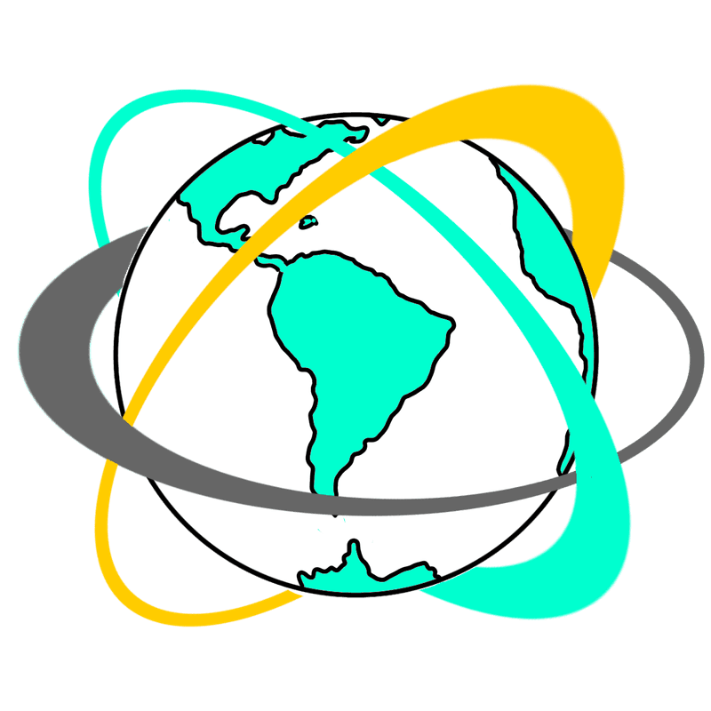 A globe with three rings rotating around it